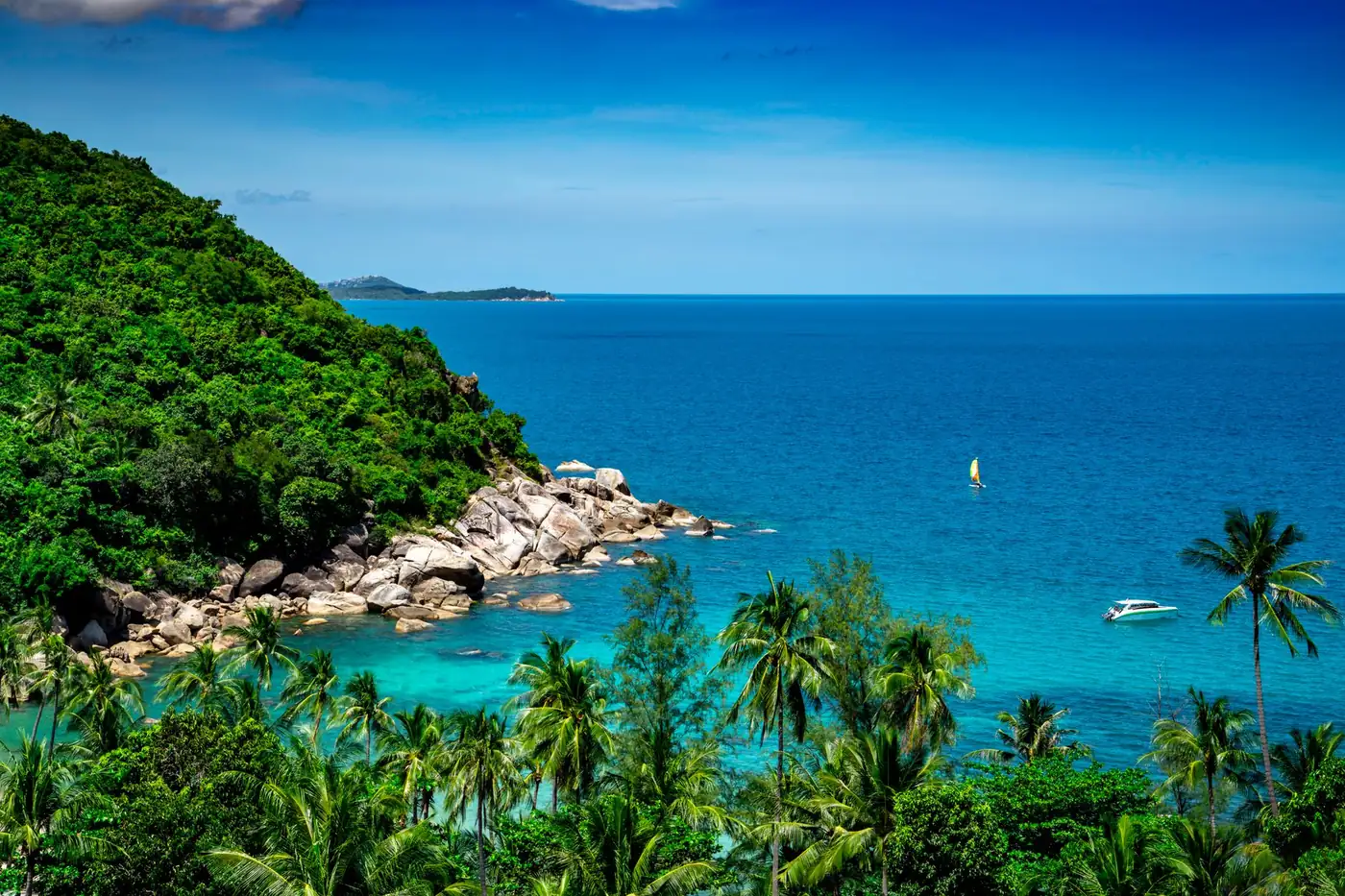 A rocky tropical cove with palms above clear water
