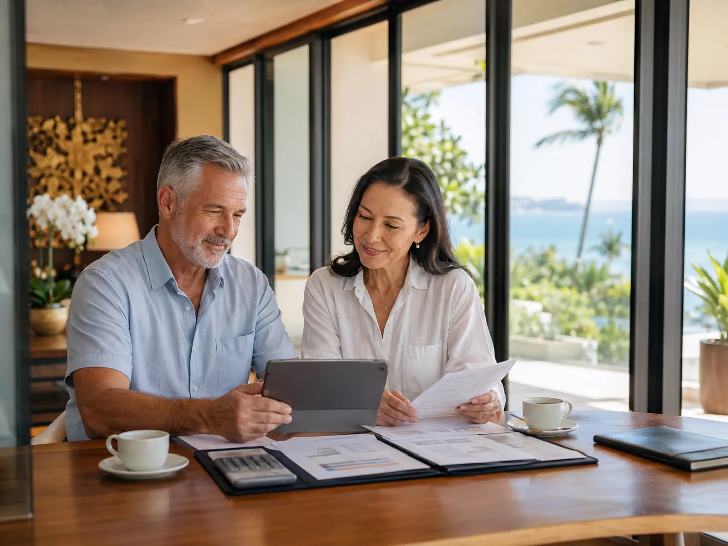 A couple going through paperwork and a tablet at a dining table