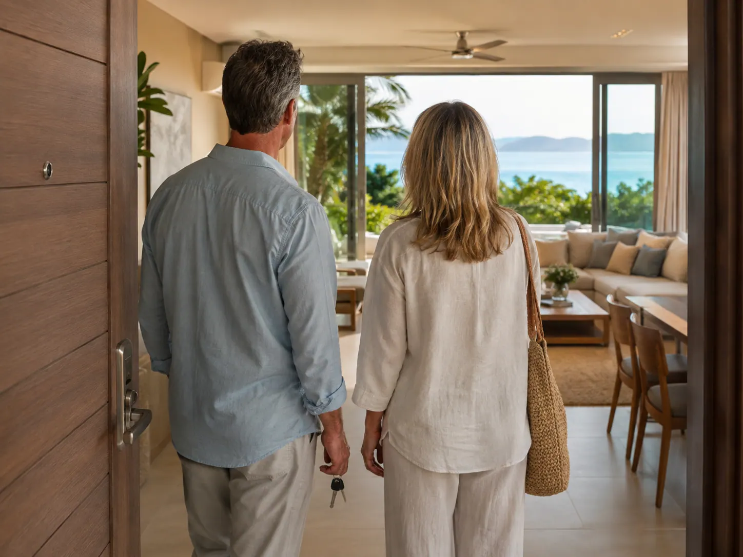 A couple stepping into a furnished apartment with a sea view
