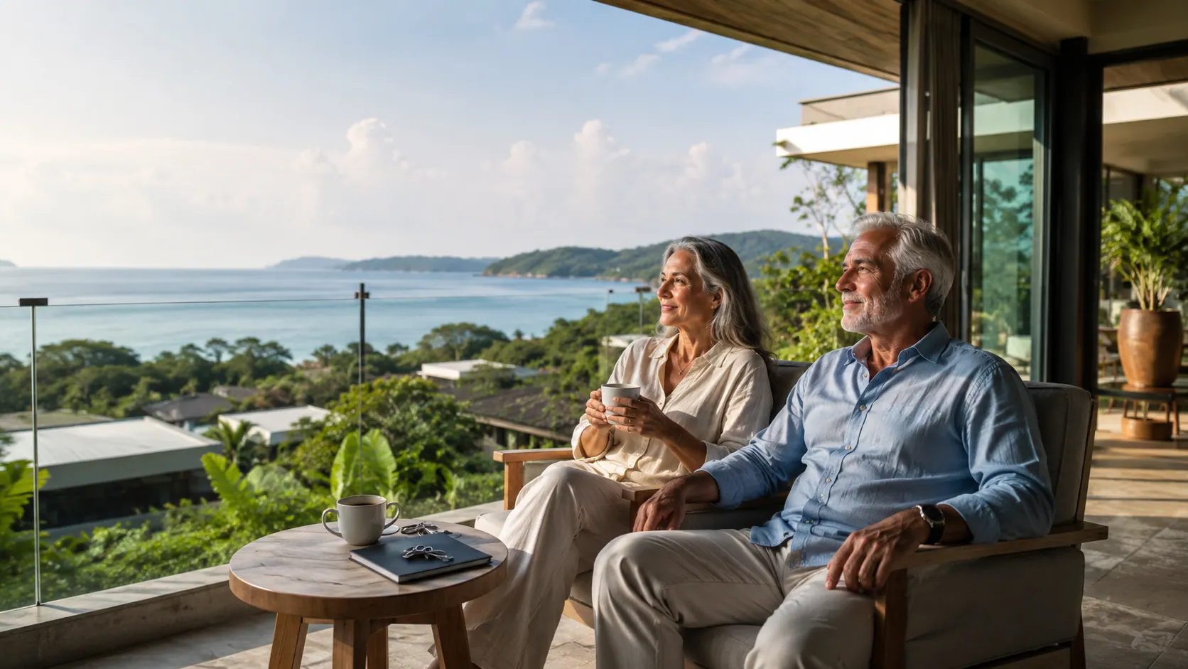 A couple sitting on a shaded terrace above a tropical bay