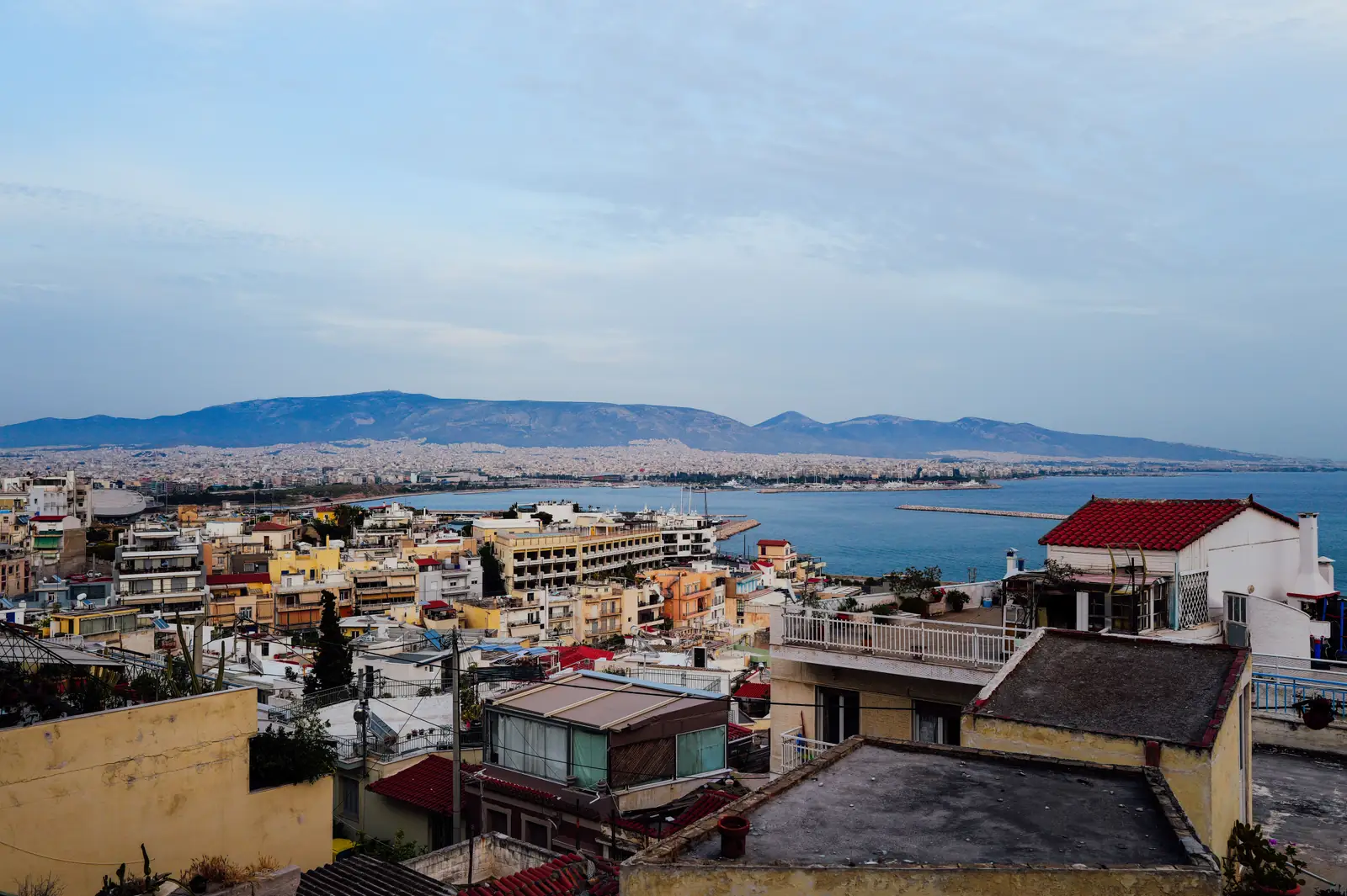 The coast south of Athens, seen over the rooftops of a coastal suburb